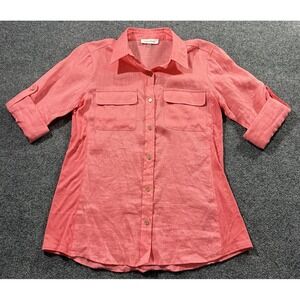 Calvin Klein Linen Button Up Shirt Women XS Coral Roll Tab Sleeve